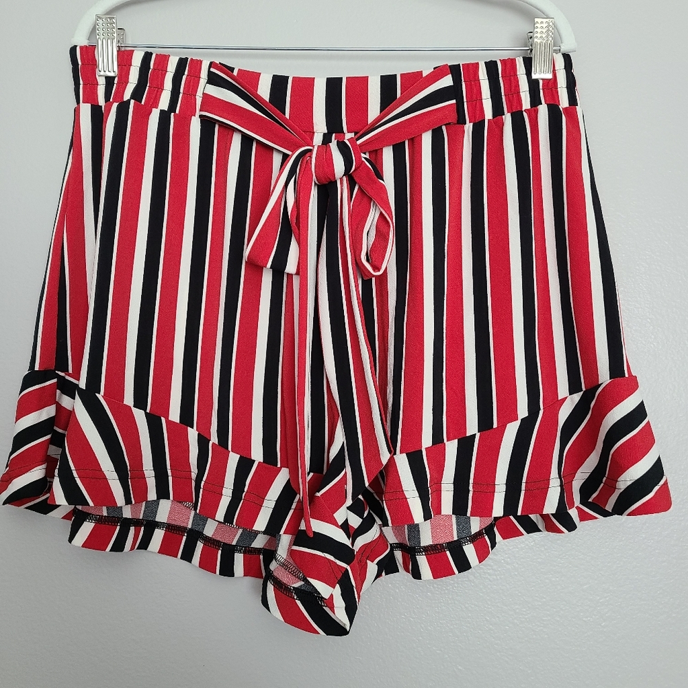 Express Striped Red White Black Ruffled Shorts with Elastic Waist & Matching Tie